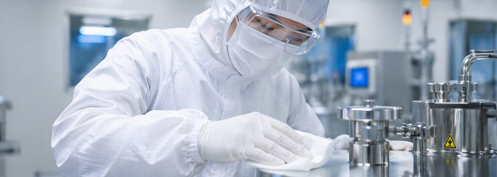 Clean room technician in full PPE wiping stainless steel equipment in a controlled pharmaceutical environment