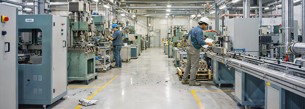 Manufacturing facility floor with production equipment and technicians working along an organized production line in a clean industrial environment.